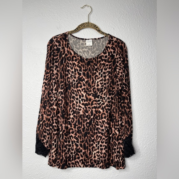 SOMA Leopard Cool Nights Long Sleeve Lace Inset Pajama Top Size Medium - Picture 1 of 5